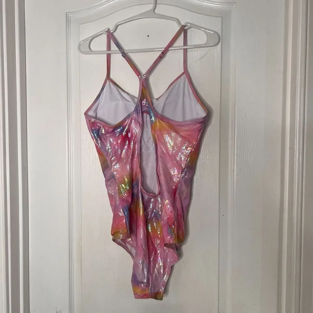 Pink Iridescent Tie Dye‎ Holographic Scale One Piece Swimsuit XL Mermaidcore